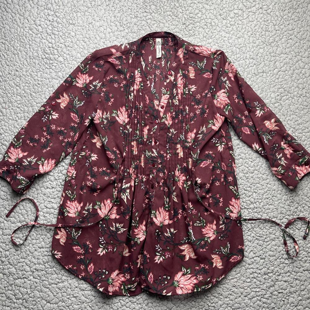 American Rag Floral Tunic Blouse Medium 3/4 Roll Tab Sleeve Pleated Tie Waist